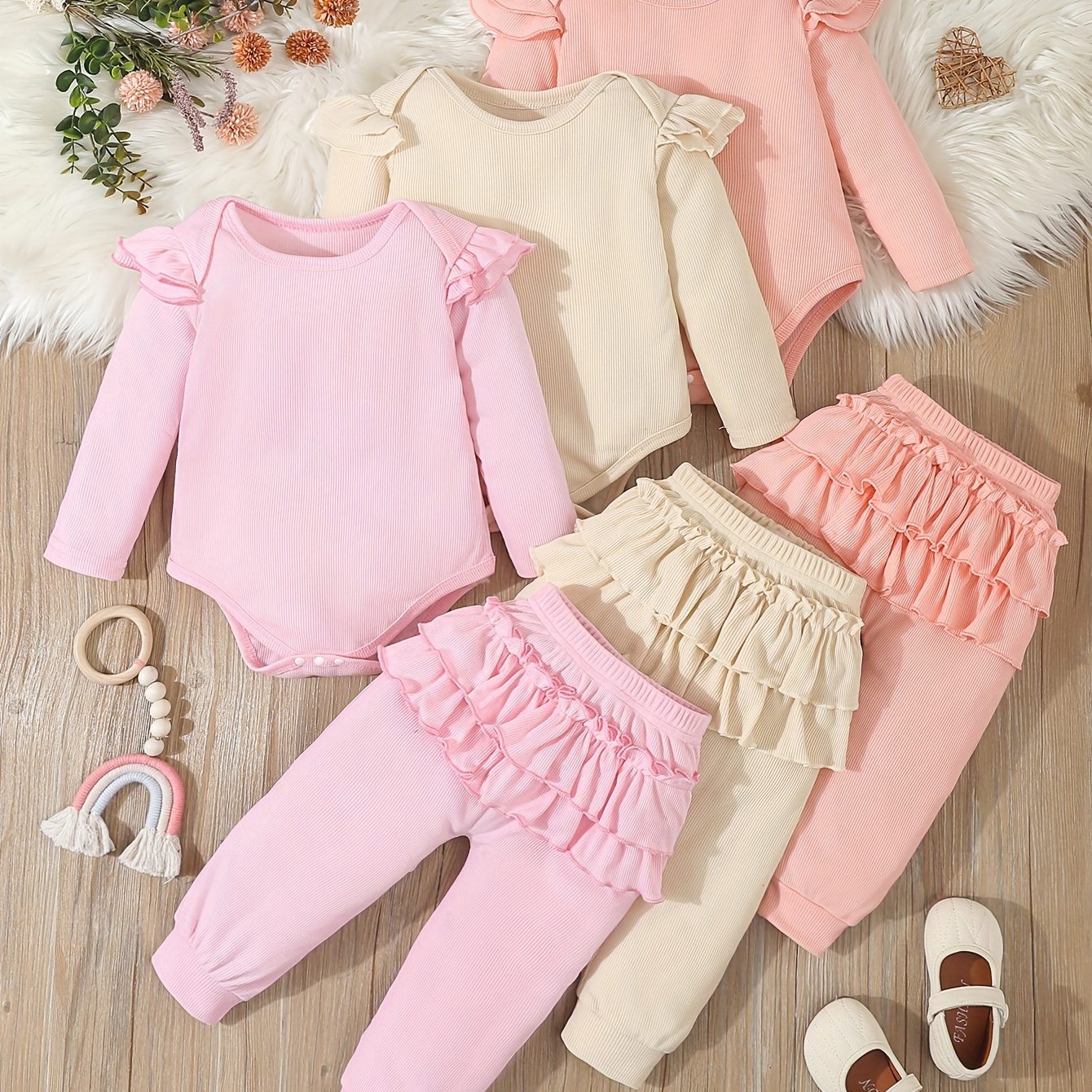 

3 Sets Baby's Ruffle Decor Long Sleeve Bodysuit & Casual Pants, Toddler & Infant Girl's Clothing Set For Spring Fall