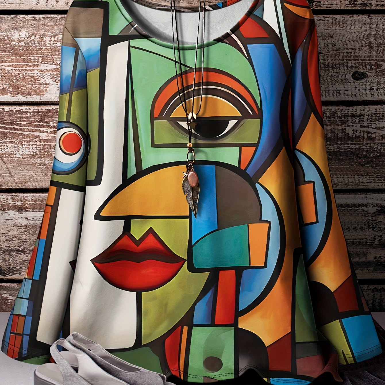 

Size Abstract Face Print Long Sleeve T-shirt - Casual & Comfortable Round Neck Top For Women