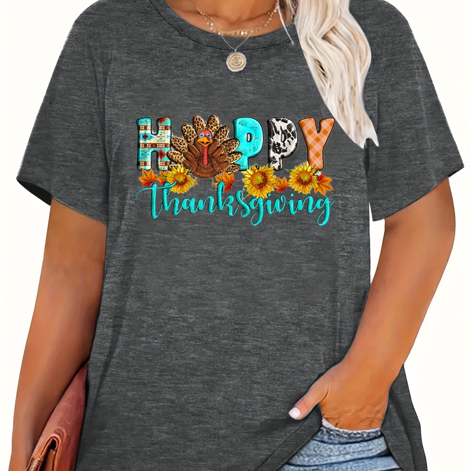 

Plus Size Happy Thanksgiving Letter Print T-shirt, Casual Short Sleeve Crew Neck Top, Women's Plus Size Clothing