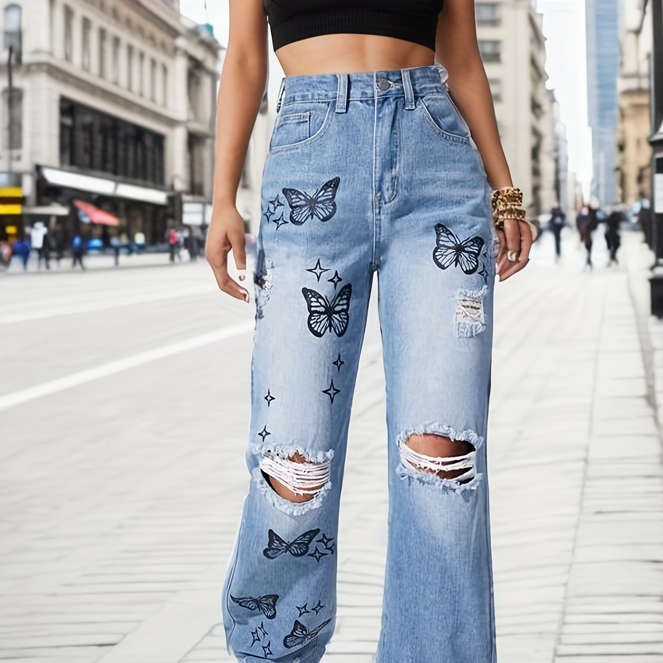 Plain Butterfly Print Straight Jeans Ripped Holes Non - Temu