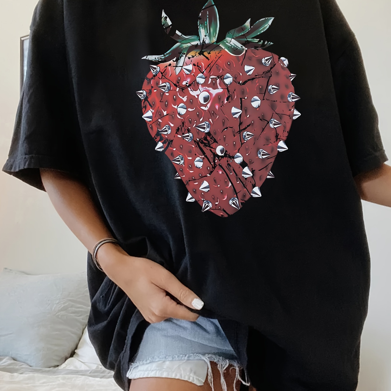 

Pkdze Casual Summer T-shirt For Women - Polyester Knit Fabric, Medium Stretch, Round Neck, Drawing Pattern, Oversized Shoulder Drop Tee