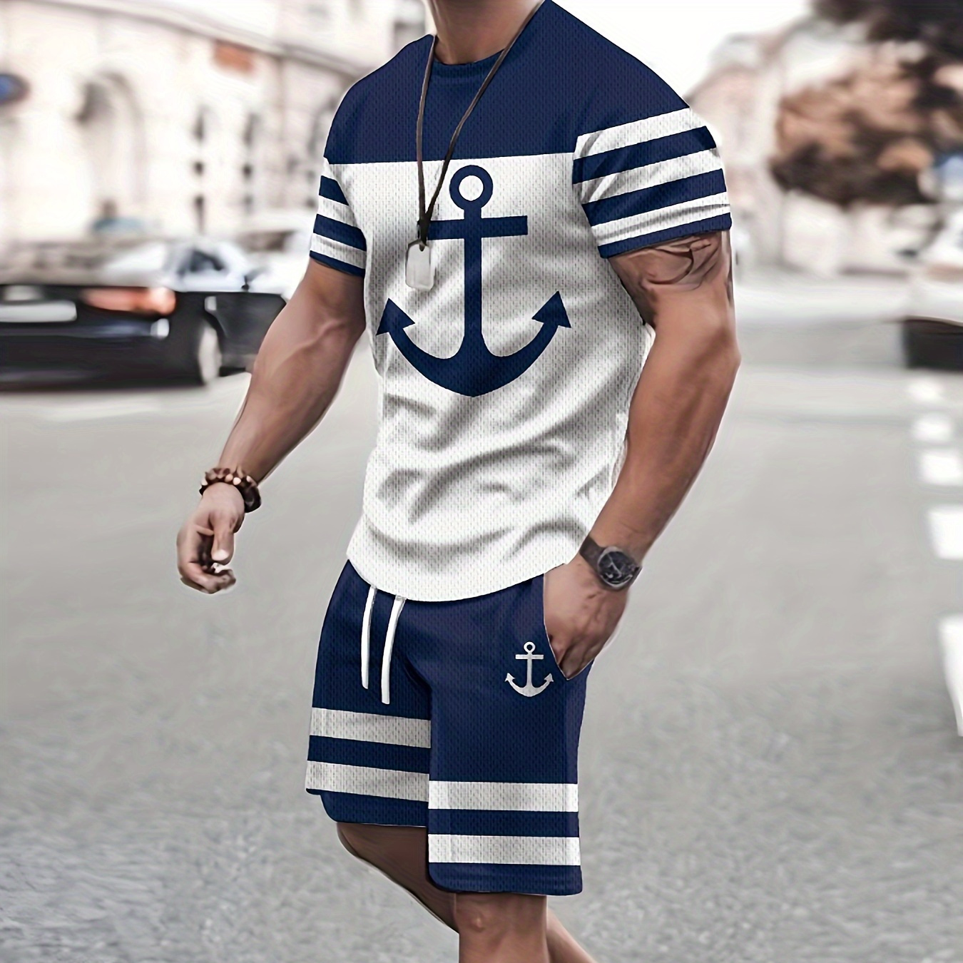 

2-piece Men's Anchor And Stripe Pattern Outfit Set, Men's Color Block Short Sleeve Crew Neck T-shirt & Drawstring Shorts Set For Summer Outdoor