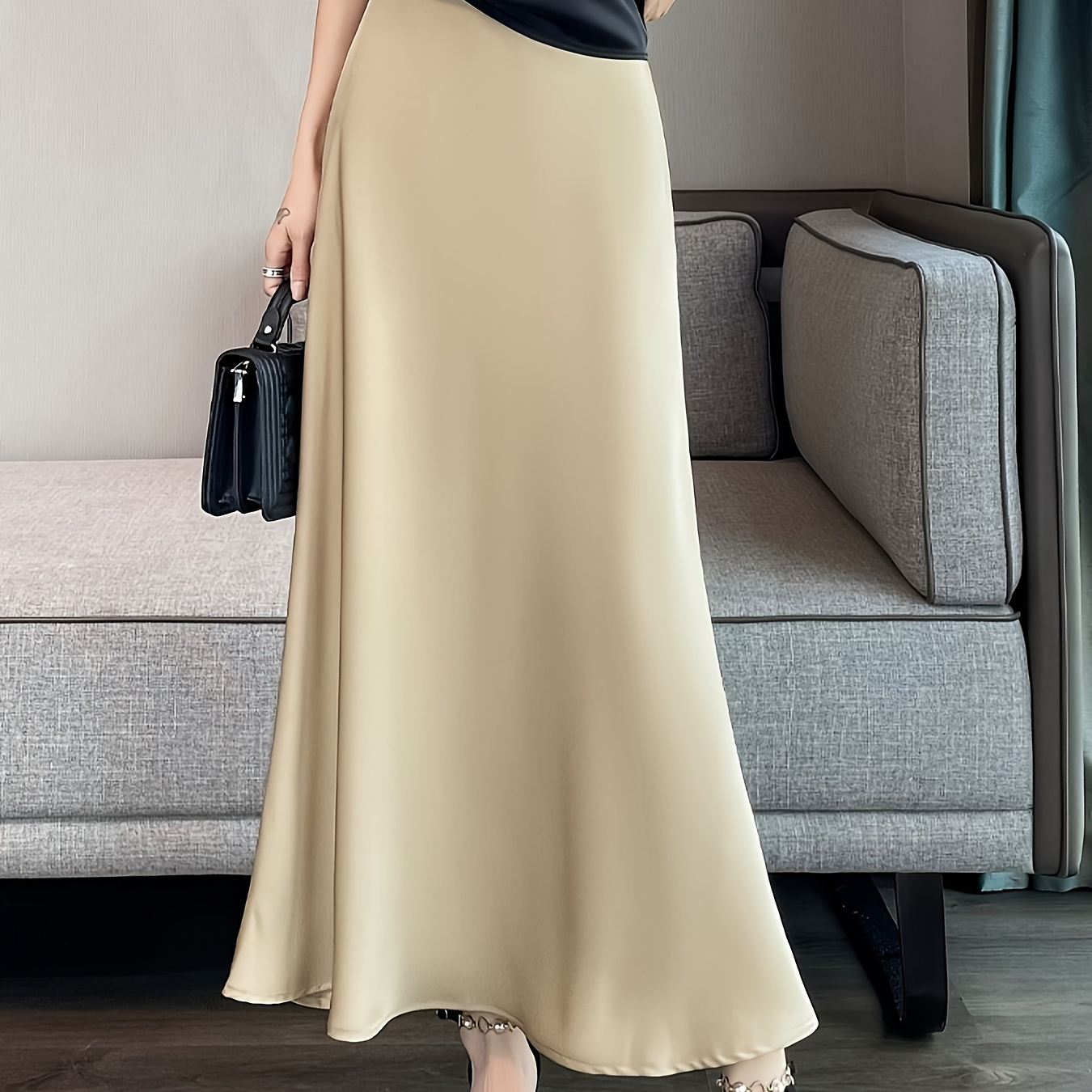 

1pc Elegant Mermaid A-line Long Midi Dress, Solid Color Polyester Satin With Zipper Detail, Weave, Style