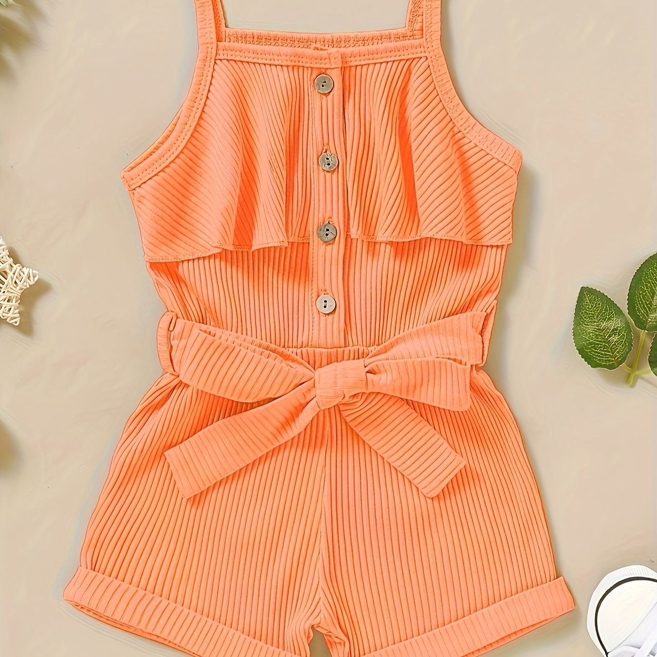 

Baby's Solid Color Ruffle Decor Belted Bodysuit, Casual Ribbed Cotton Sleeveless Romper, Toddler & Infant Girl's Onesie For Summer, As Gift