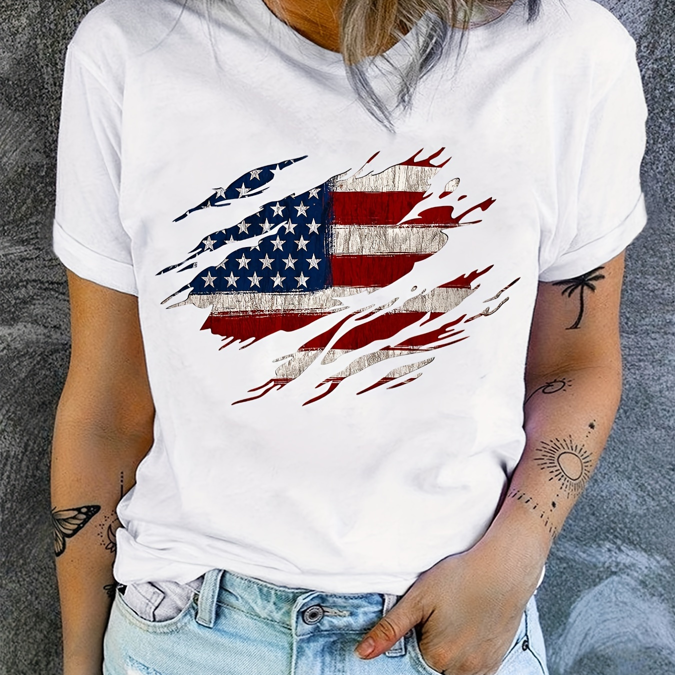 

American Flag Print T-shirt, Independence Day Short Sleeve Crew Neck Casual Top For Summer & Spring, Women's Clothing