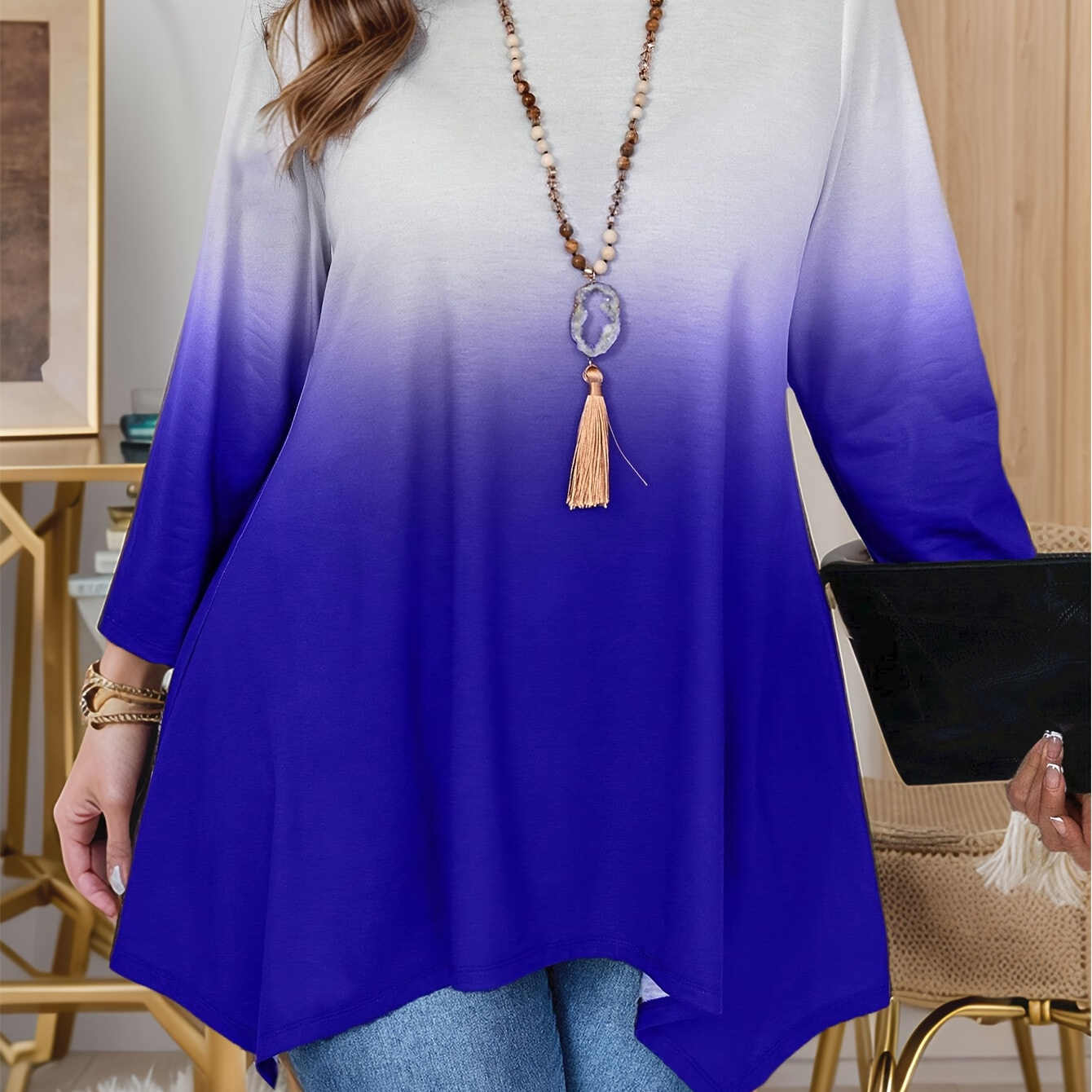 

Women's Plus Size Ombre Gradient Print T-shirt, Casual Crew Neck Long Sleeve Pullover, Asymmetrical Knit Fabric Top With Stretch, Polyester 95% Spandex 5%, All