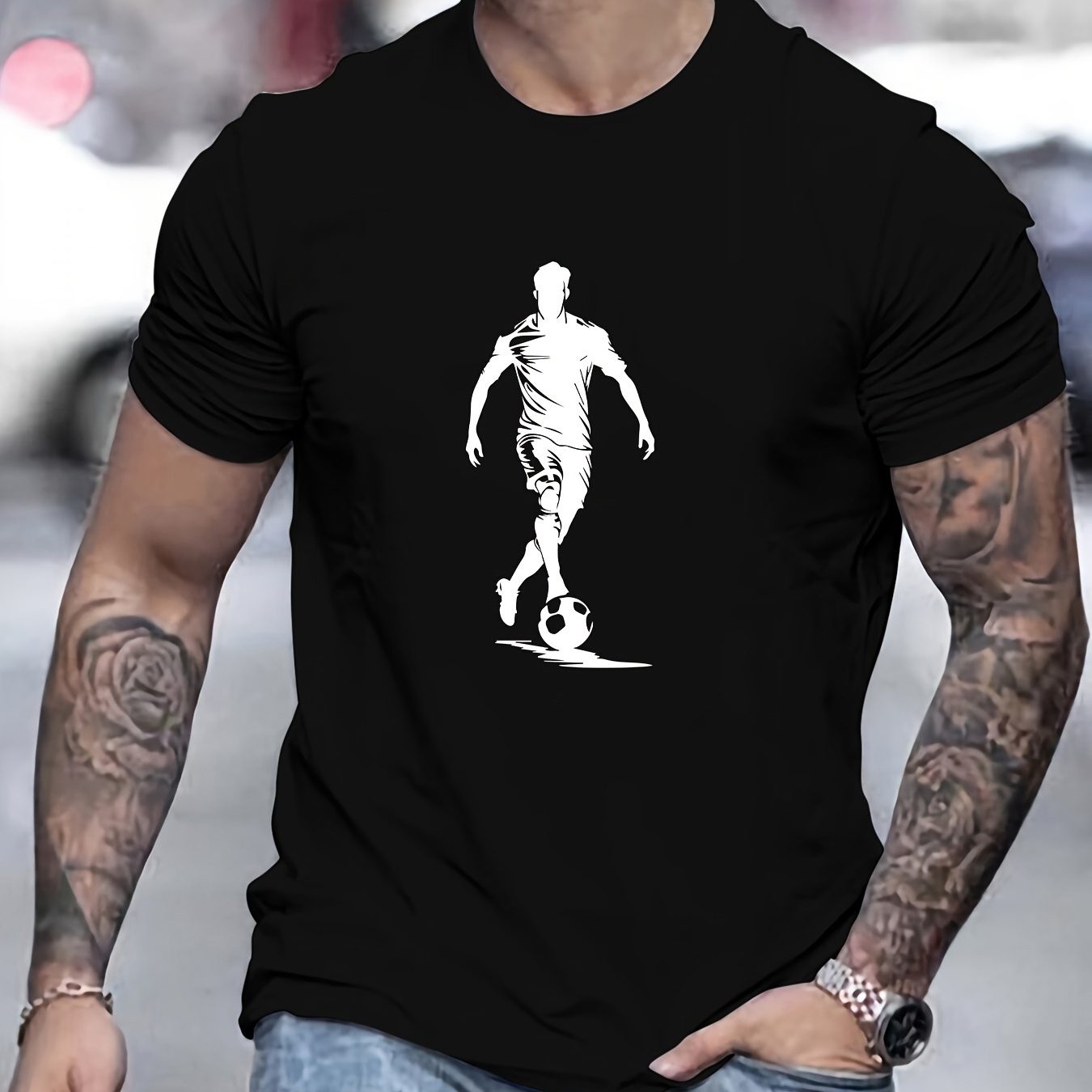 

Men's Football Kicker Print Short Sleeve T-shirts, Comfy Casual Elastic Crew Neck Tops For Men's Outdoor Activities