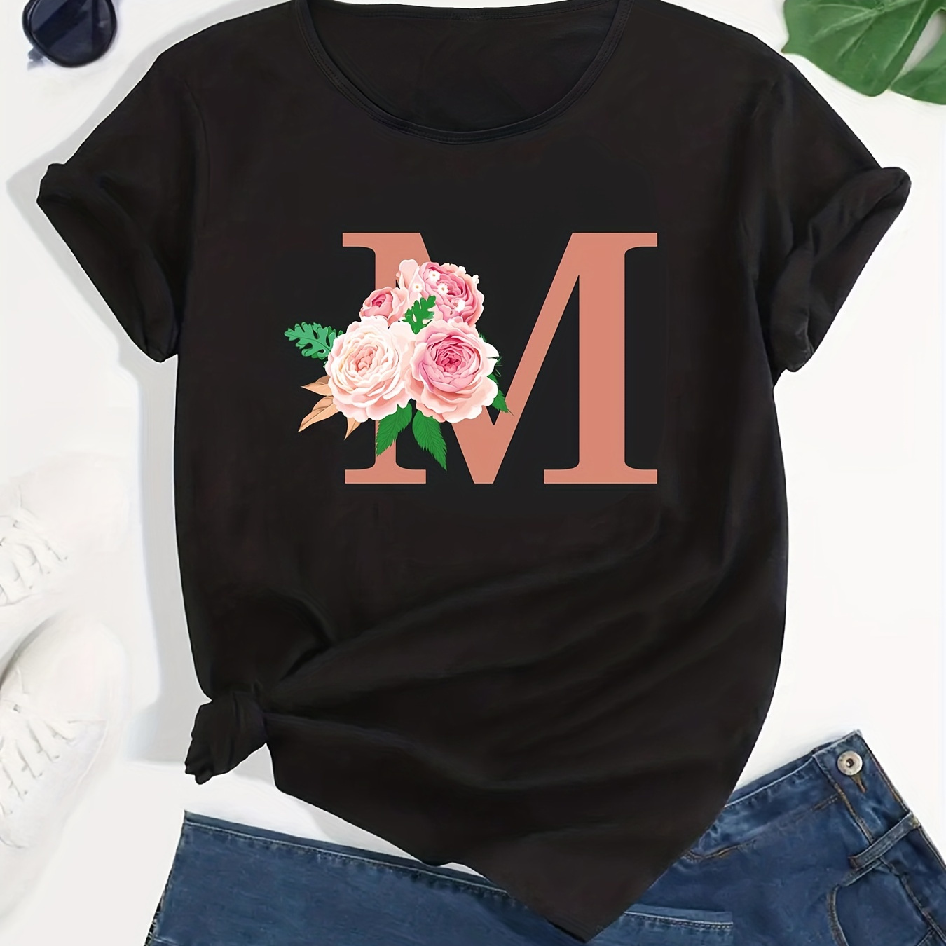 

Flower & "m" Letter Graphic Casual T-shirt, Round Neck Short Sleeves Soft Sporty Tee, Women's Clothing