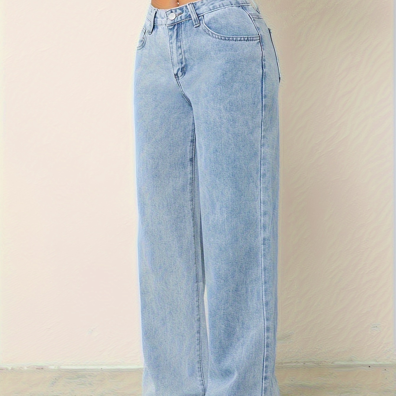 

Jean en denim de style preppy pour femme - Pantalon décontracté à coupe droite de couleur unie avec détail boutonné, taille mi-haute tissée, tissu non extensible, pour la printemps/automne