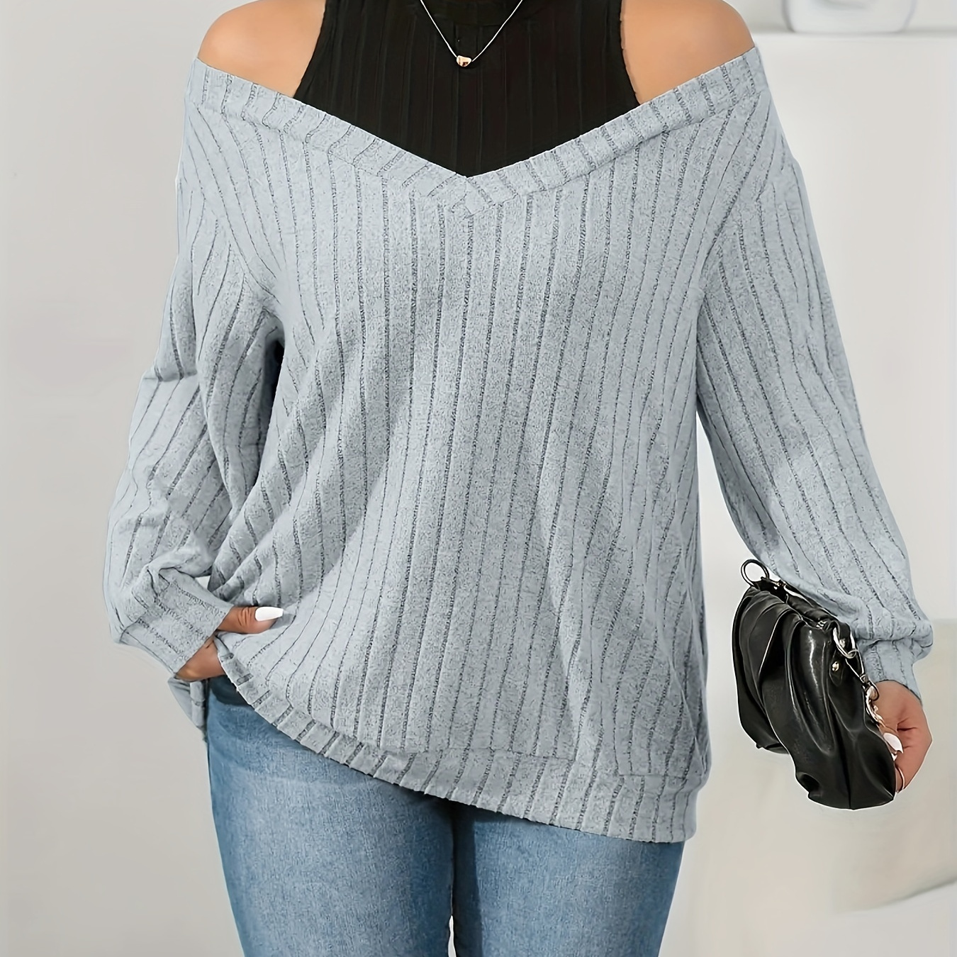 

Plus Size Sexy Top, Women's Plus Ribbed Knit Cold Shoulder Long Sleeve Medium Stretch Top