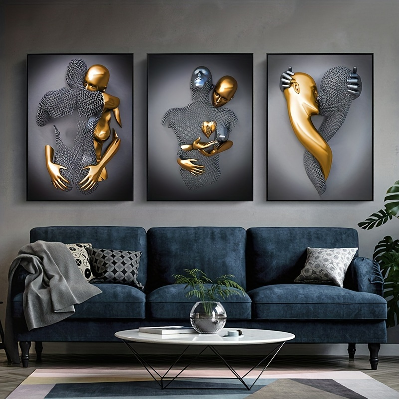 Set Of 3 Frameless Golden Metal Figures Portrait Art Canvas Painting ...