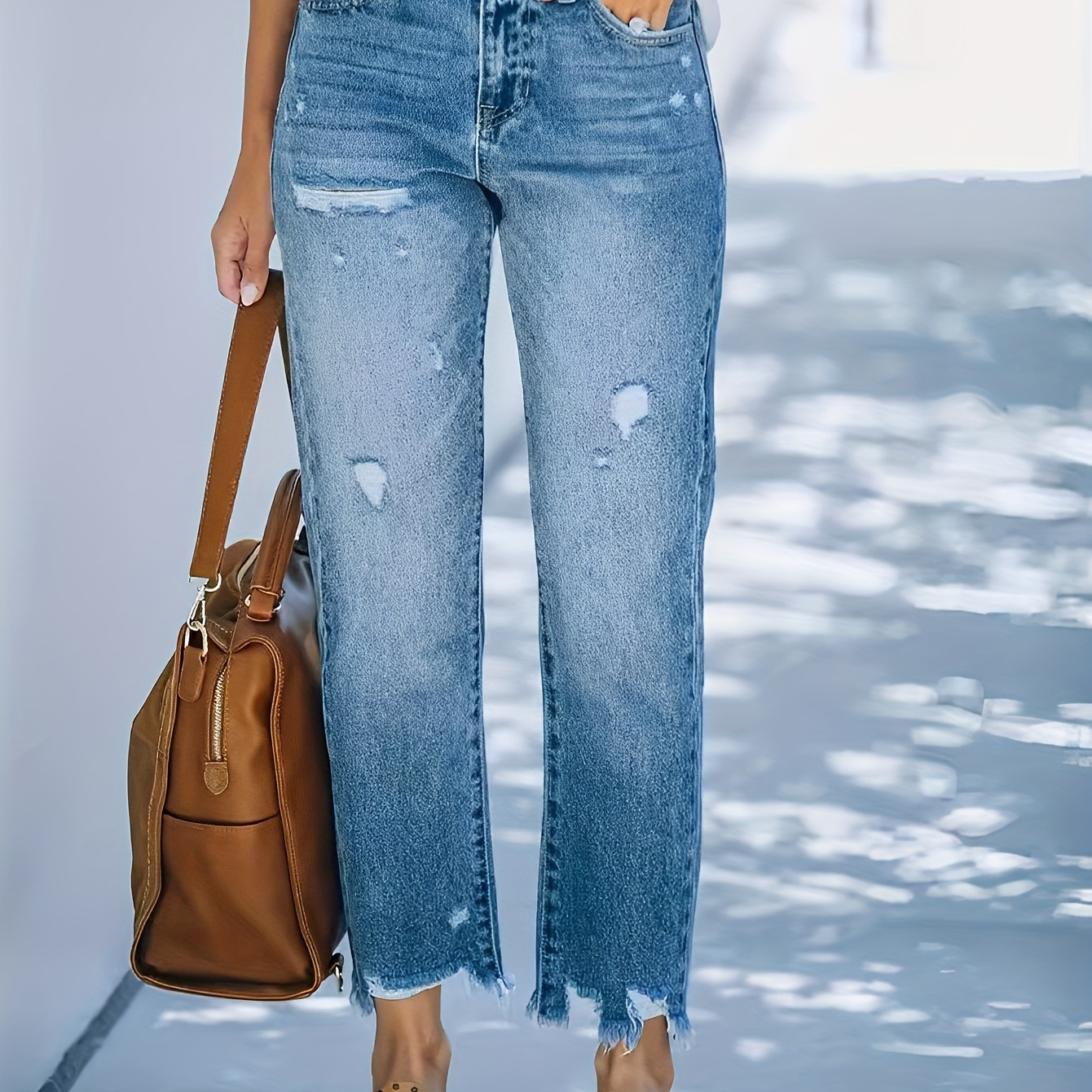 

Ripped Light Blue Casual 9 Minute Straight Wash Jeans Woman-women's Hem Ripped Distressed Jeans - Washed Blue Pocket Denim Pants For Streetwear Style