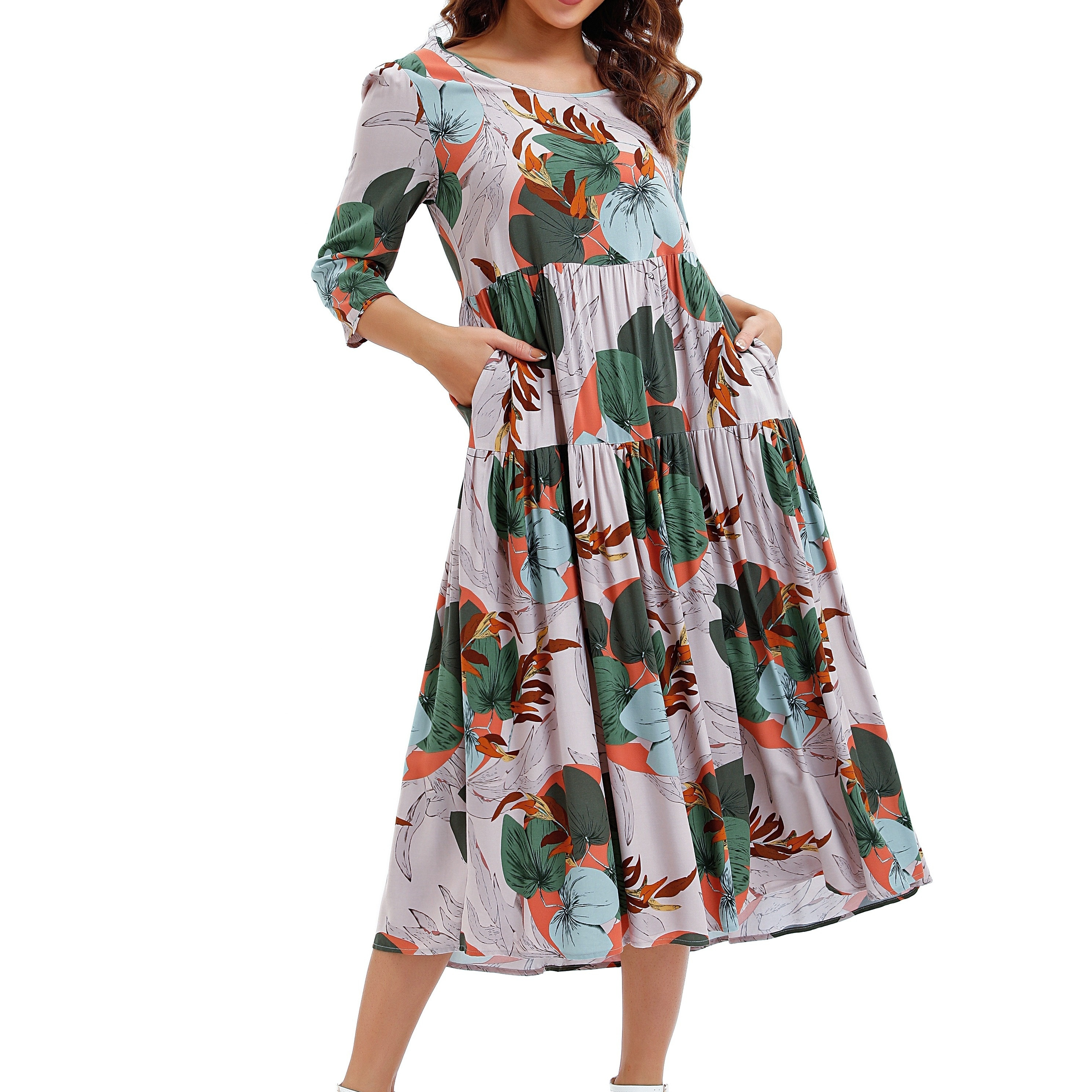 

Plant Print Dual Pocket Loose Dress, Elegant Crew Neck 3/4 Sleeve Dress For Spring & Fall, Women's Clothing