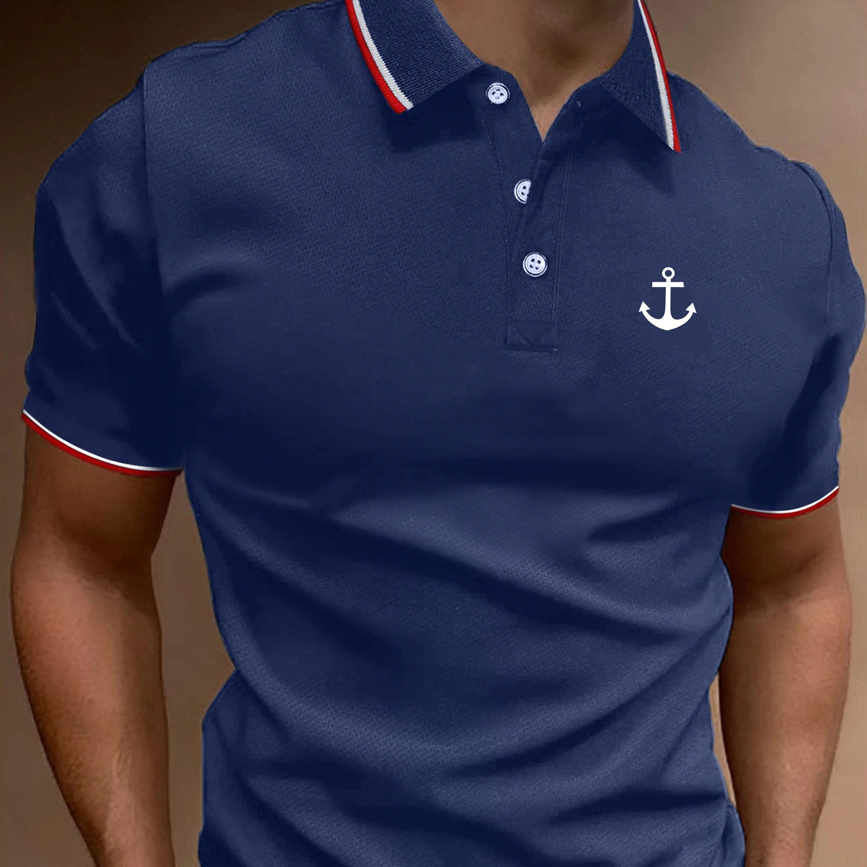 

Anchor Pattern Print Men's Casual Button Up Short Sleeve Lightweight Polo Shirt, Men's Polo For Summer, Tops For Men