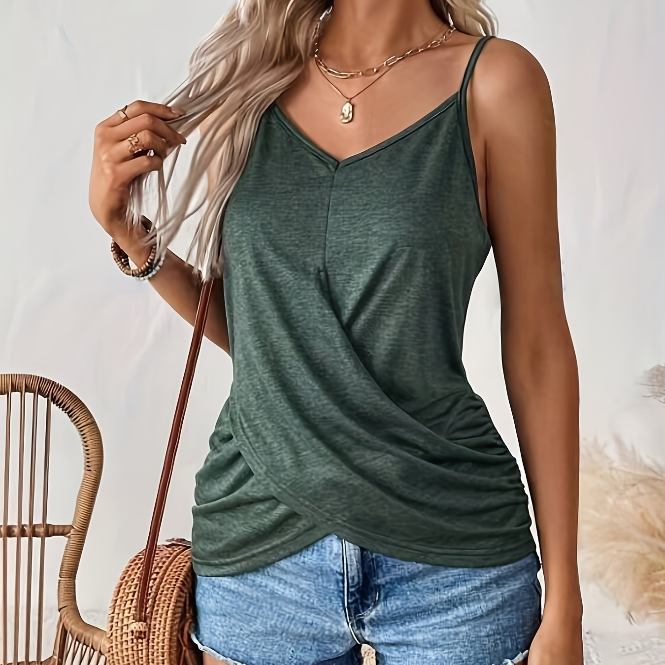 

Solid Color Cross Cami Top, Versatile V-neck Spaghetti Strap Top For Summer, Women's Clothing