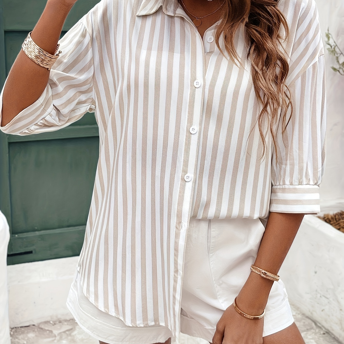 

Striped Pattern Button Front Shirt, Casual Drop Shoulder Shirt For Spring, Women's Clothing