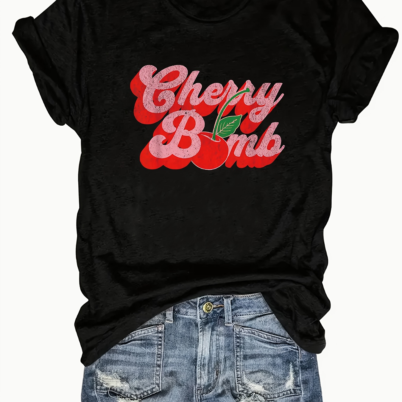 

Women's Casual Cherry Bomb Print Round Neck T-shirt, Spring/summer Short Sleeve Top