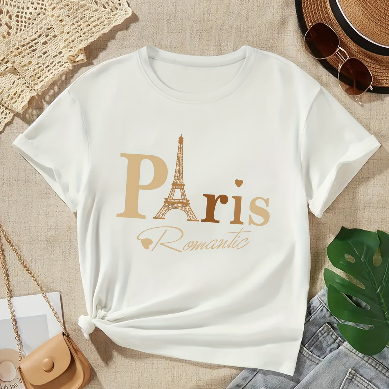 

Girls Casual Paris Print Short Sleeve T-shirt, Knit Round Neck Summer Fashion Top, Multiple Sizes & Colors Available