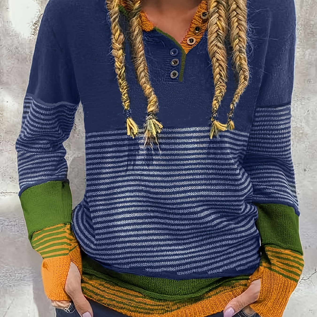 

Fashionable Striped Color- Knitted Pullover Top With A Single Row Of Buttons, A And Casual Sweater.