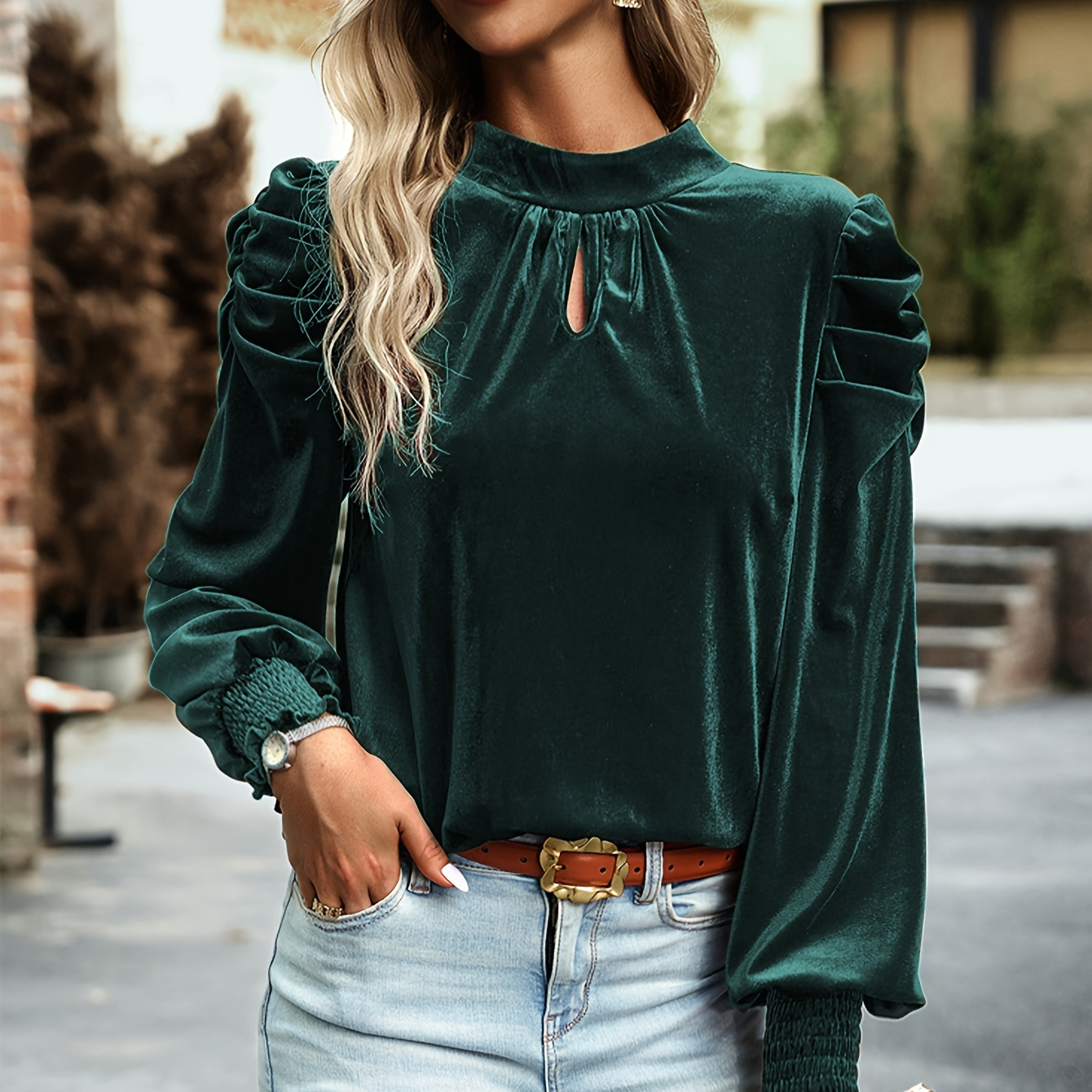 

Blouse à Couleur Unie avec Plis, Blouse Élégante à Manches Longues et Découpes pour & , Vêtements pour Femmes