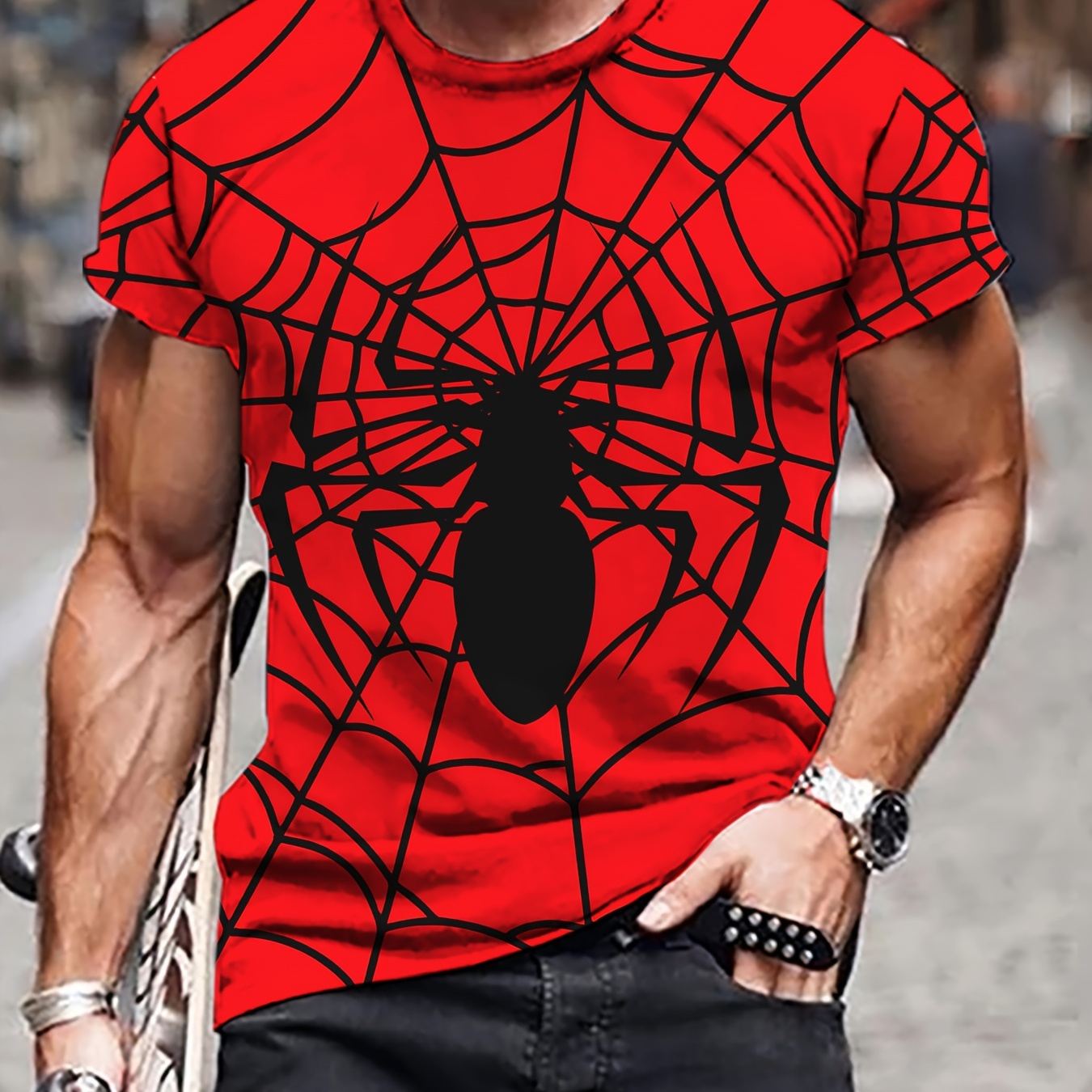 

Spider Pattern T-shirt, Men's Casual Street Style Stretch Round Neck Tee Shirt For Summer