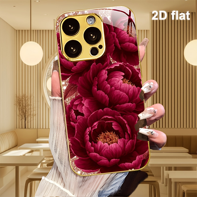 TEMU Phone Case - Golden Anti-fall Phone Case, Red Peony Oil Painting Style Pattern, Suitable For Iphone 17/17 Air/17 Pro/17 Pro Max/16/16 Pro/16