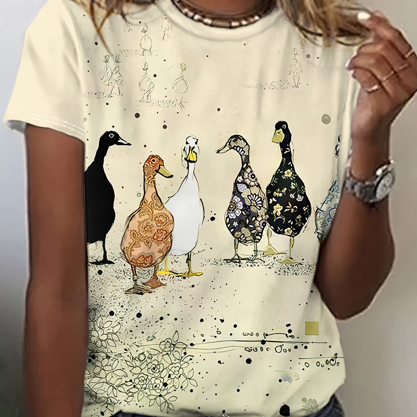 

Duck Print Crew Neck T-shirt, Casual Short Sleeve Top For Spring & Summer, Women's Clothing