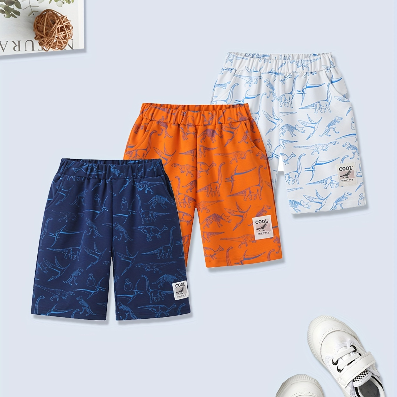 

3pcs Dinosaur Full Print Boys Comfortable Creative Shorts, Casual Slightly Stretch Quick-drying Shorts For Summer Outdoor