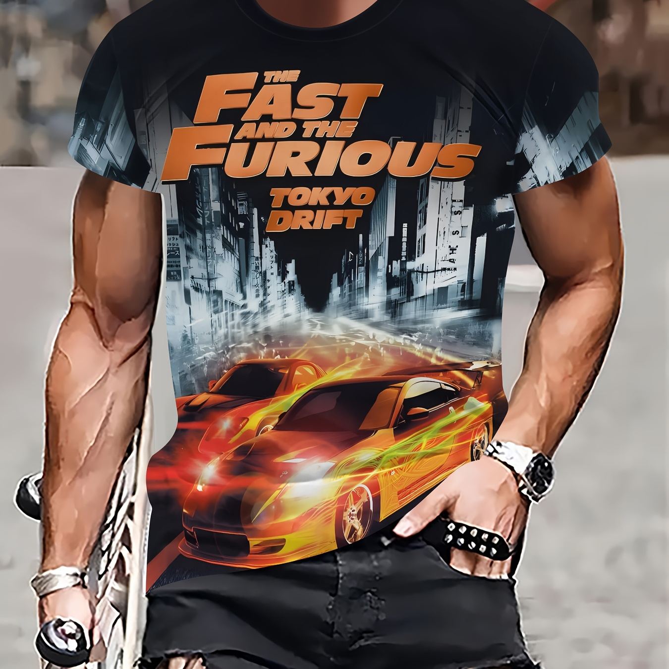 

1pc Men's Casual Crew Neck T-shirt, Polyester Knit Fabric With Slight Stretch, Printed "the Fast And The : " Graphic Tee