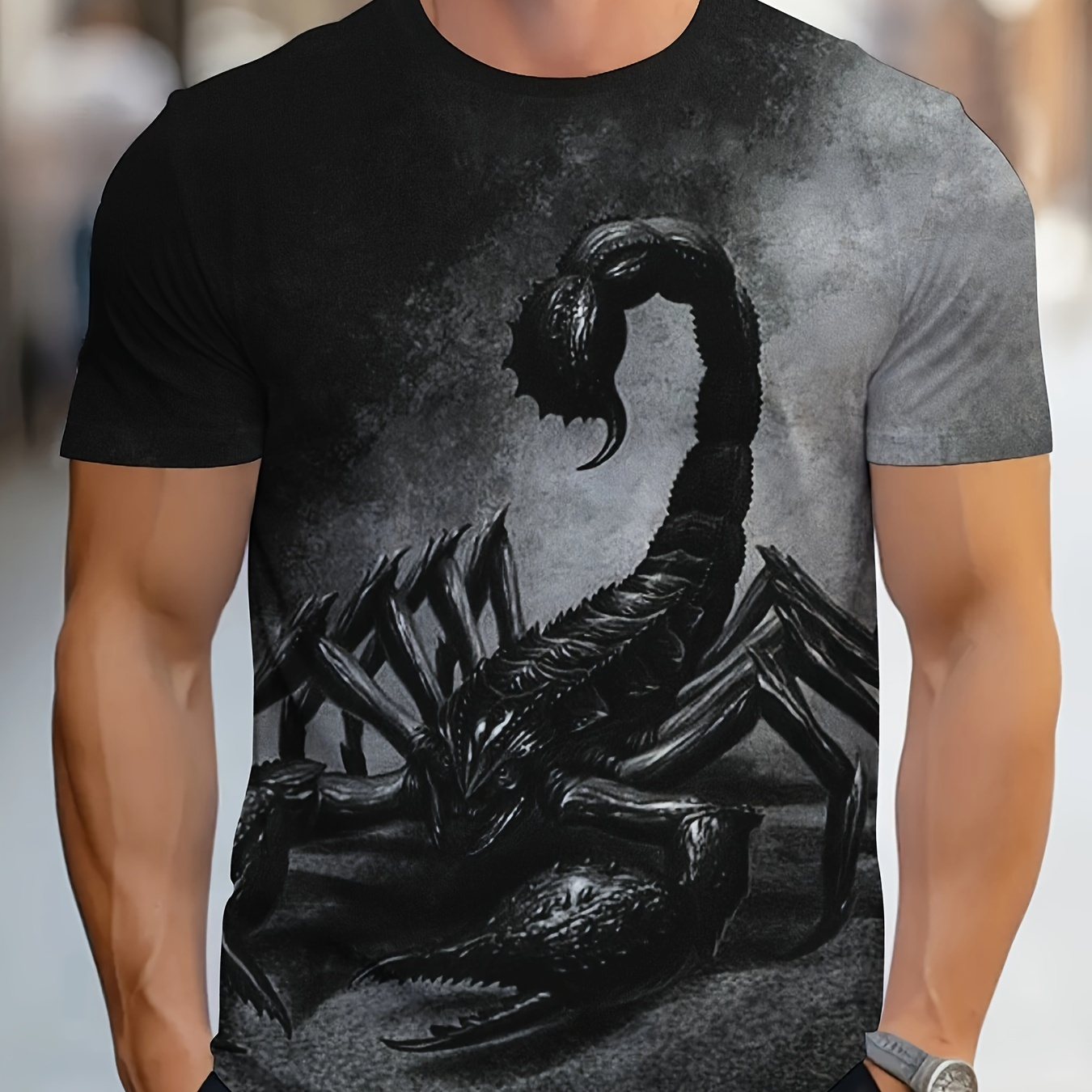 

T-Shirt Homme Imprimé Scorpion 3D, Col Rond en Polyester Décontracté, Non Transparent - Tenue d'Été