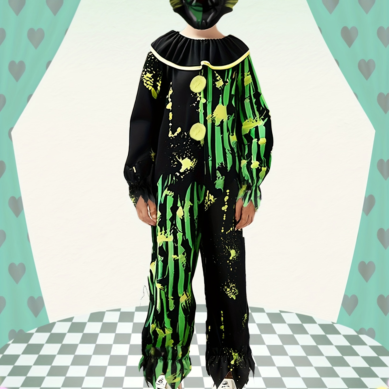 

Horror Themed Party Outfit For Boys - Clown Print Black Green Jumpsuit And Matching Mask - Clown Dress Up Clothes 2pcs Set, Perfect For Holiday Carnival Party & Movie Animation Character Performance