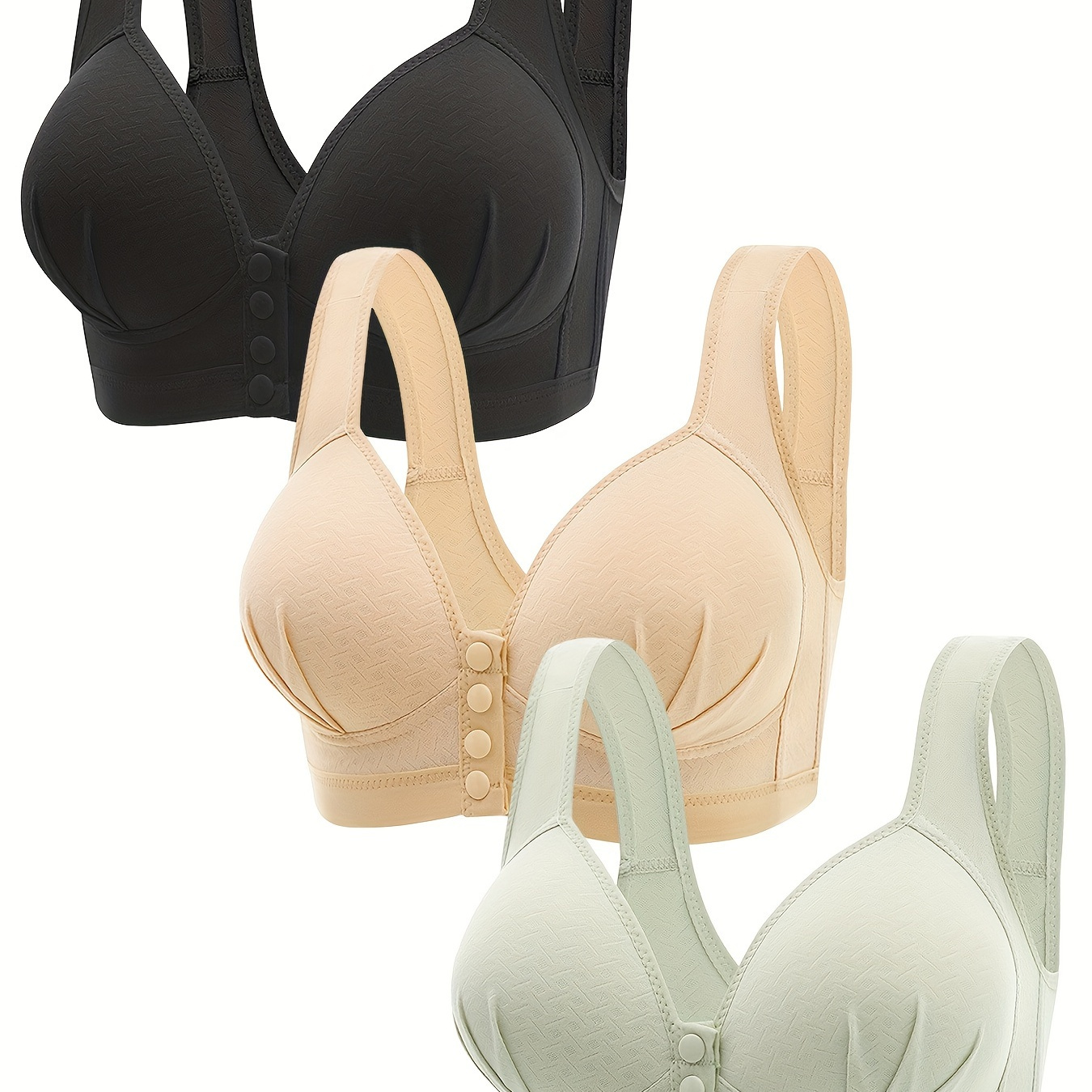 

3pcs Front Buckle Wireless Bra, Comfy & Breathable Push Up Bra, Women's Lingerie & Underwear