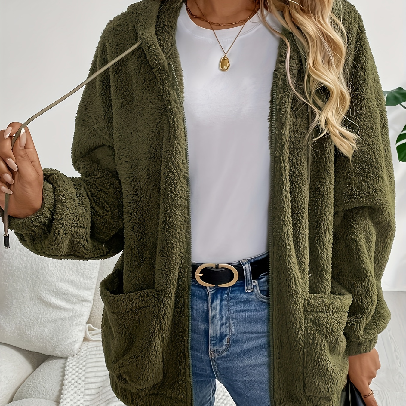 

Elegant Olive Green Hooded Fleece Jacket For Women - Cozy & Warm With Zip-up Front, Pockets | Machine Washable