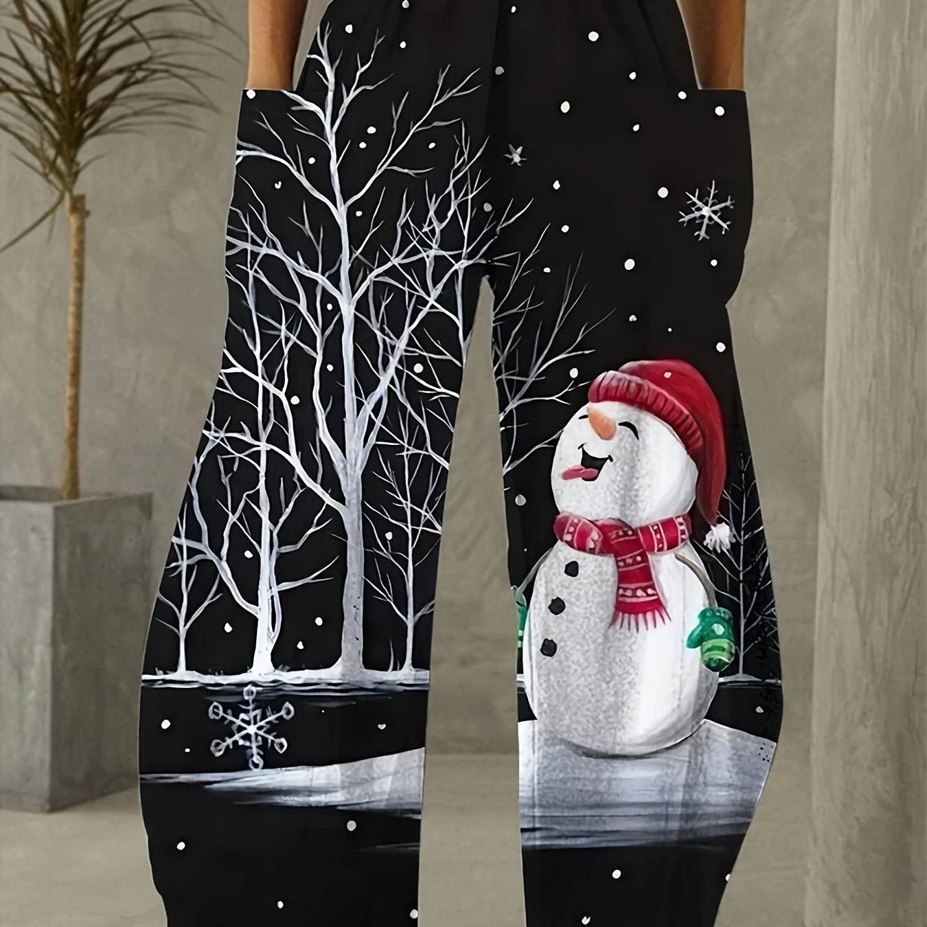 

Women's Plus Size Christmas Snowman Print Wide-leg Pants - Comfy & Stretchy, Machine Washable