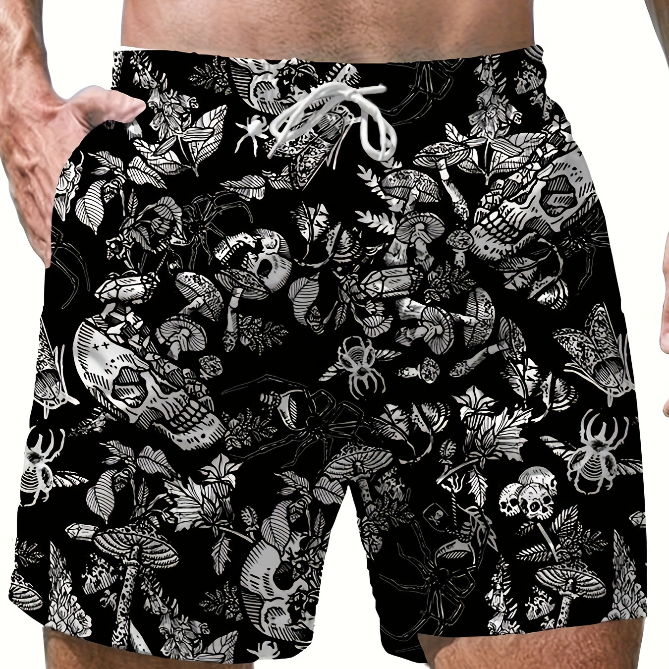 

Men's Skull And Floral Pattern Casual Shorts With Drawstring And Pockets, Novel And Trendy Shorts For Summer Sports Wear And Leisurewear