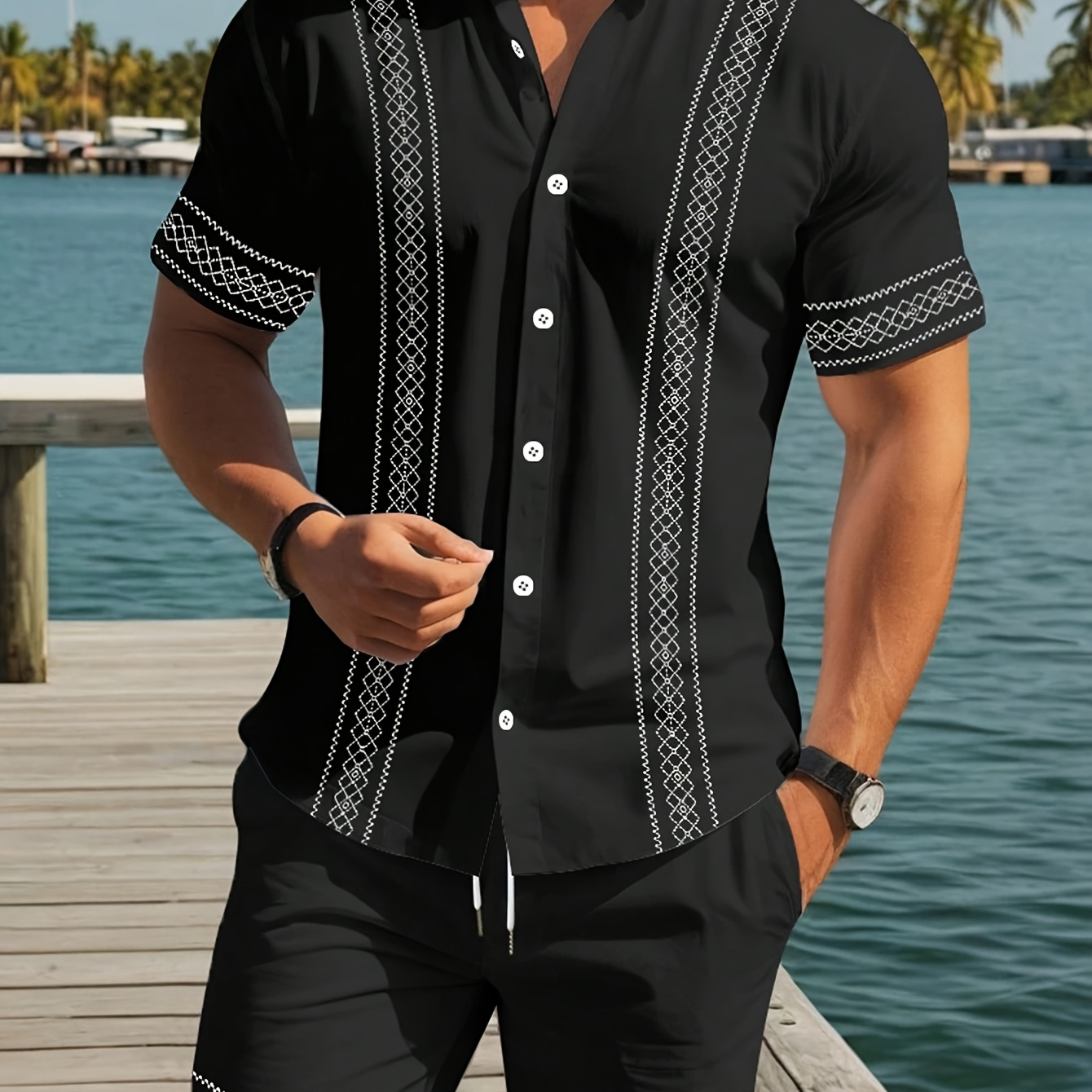 TEMU Men's Casual Rhombus Geometric Pattern Short Sleeve Shirt + Drawstring Sports Pocket Shorts Set For Hawaiian Leisure Vacation Beach