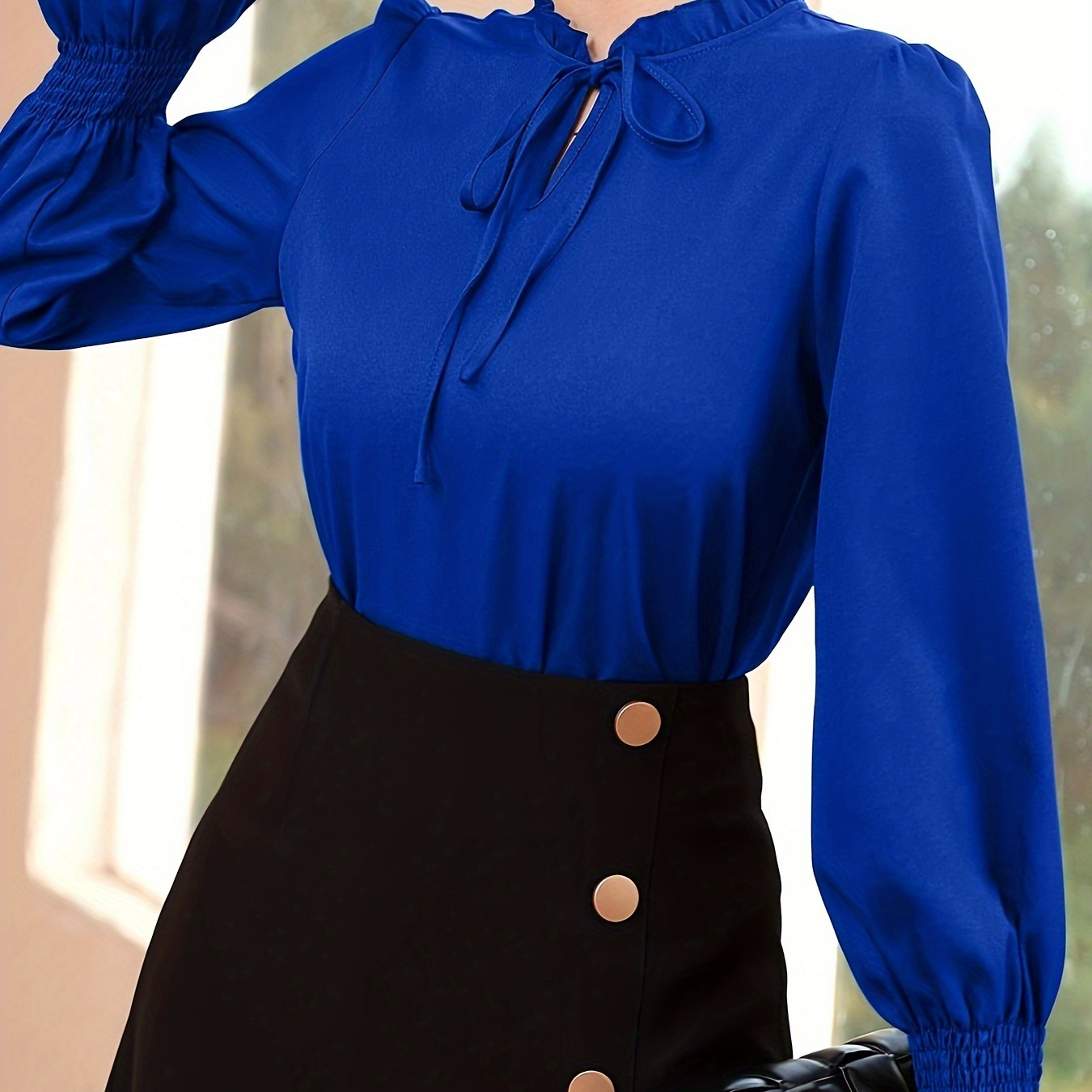 

Tie Front Ruffle Trim Blouse, Elegant Long Sleeve Solid Blouse, Women's Clothing