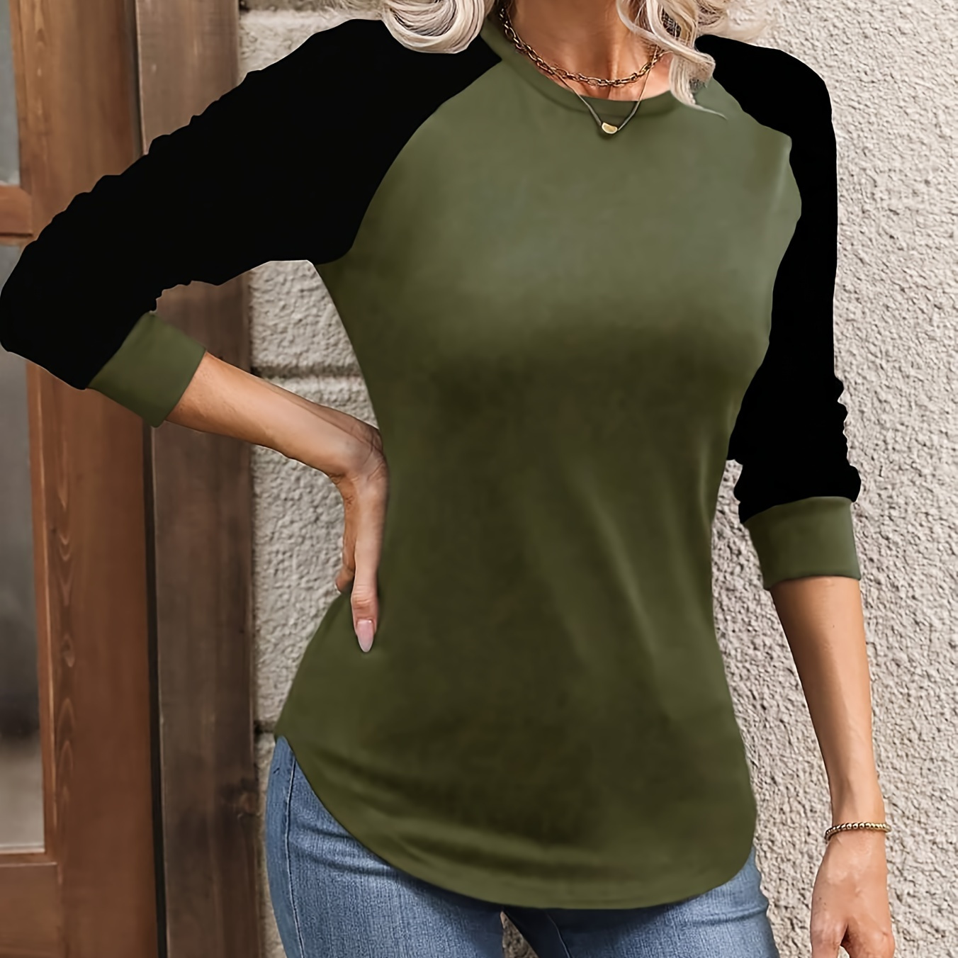 

T-shirt à manches raglan en bloc de couleur, haut décontracté à col rond pour le printemps et l'automne, vêtements pour femmes