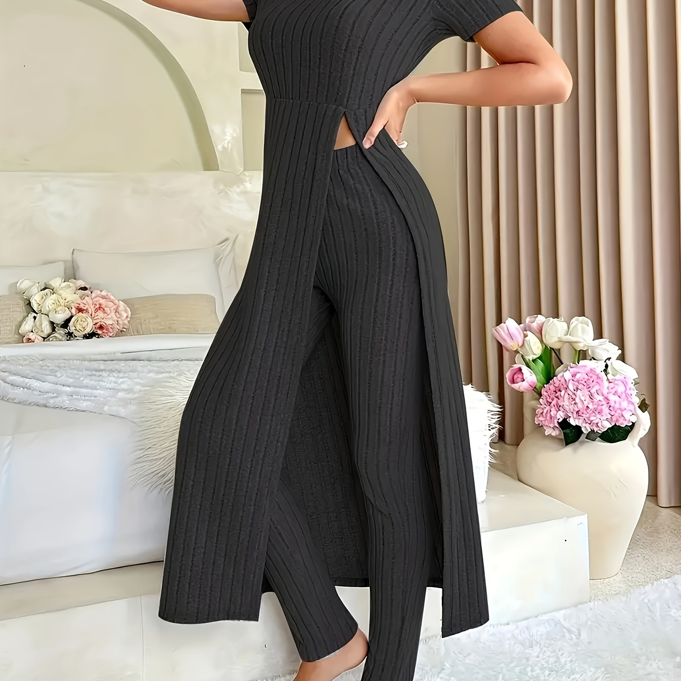 

Women's Elegant Solid Ribbed Lounge Set - Autumn/winter Cozy Short Sleeve Round Neck Side Split Longline Top & Skinny Pants