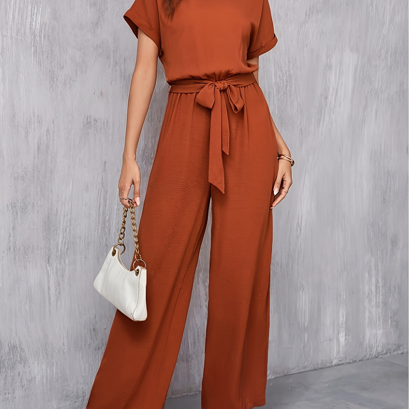 

's Jumpsuit With Batwing Sleeves, Wide-leg Pants & Belt - Casual Yet Chic Round Neck Design For Spring And Summer, Comfortable | Wideleg | Polyester Fabric