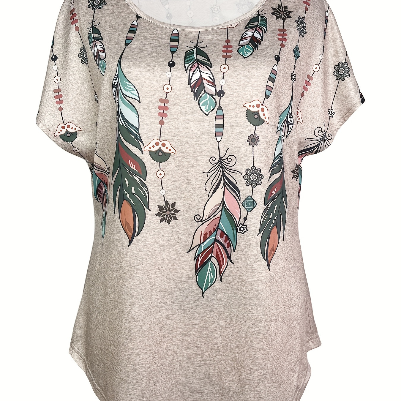 

Feather Print Crew Neck T-shirt, Casual Short Sleeve Loose Top For Spring & Summer, Women's Clothing