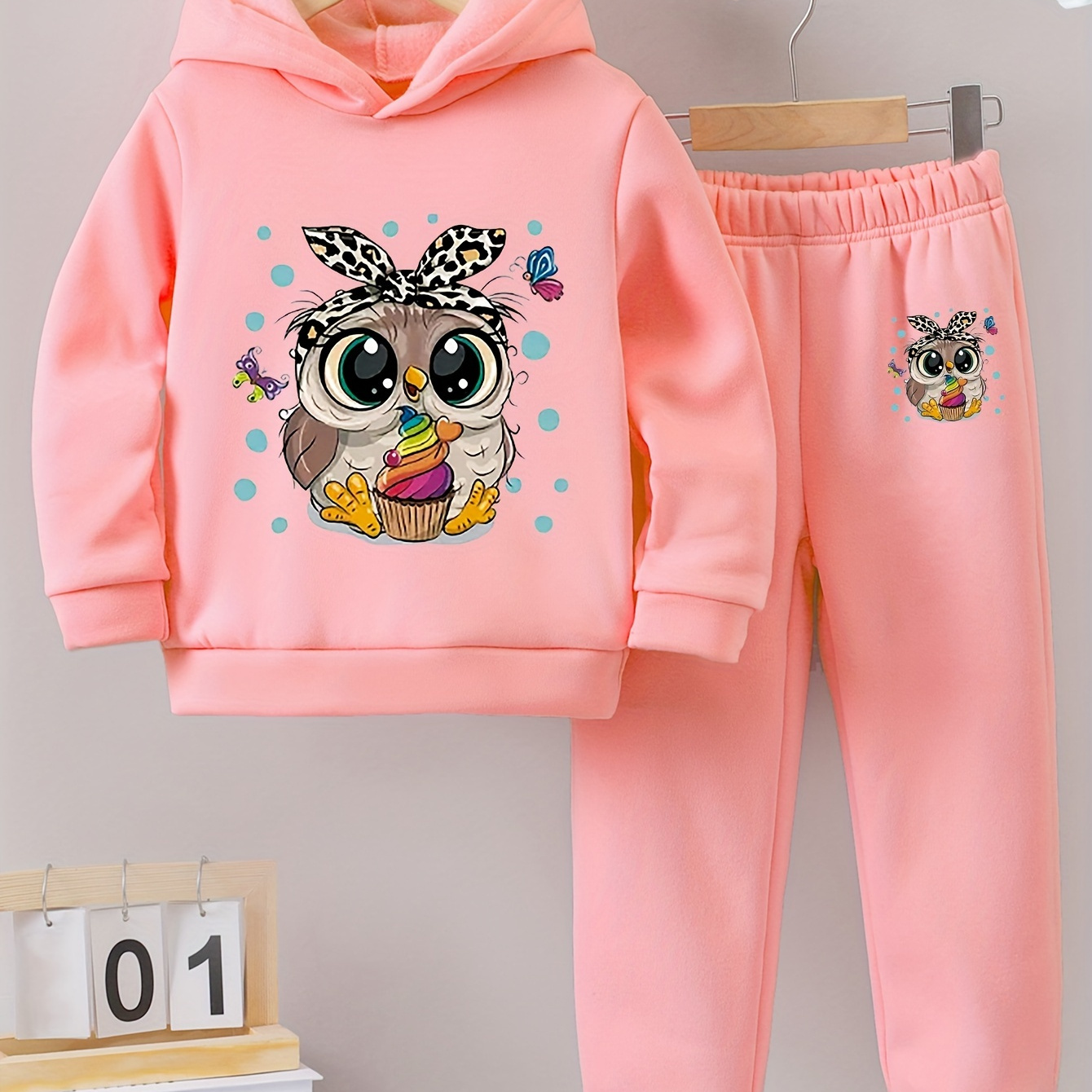 

2pcs Girls' Autumn/winter Owl Cartoon Print Warm Fleece Hoodie And Pants Set, Polyester Blend, Soft And Warm