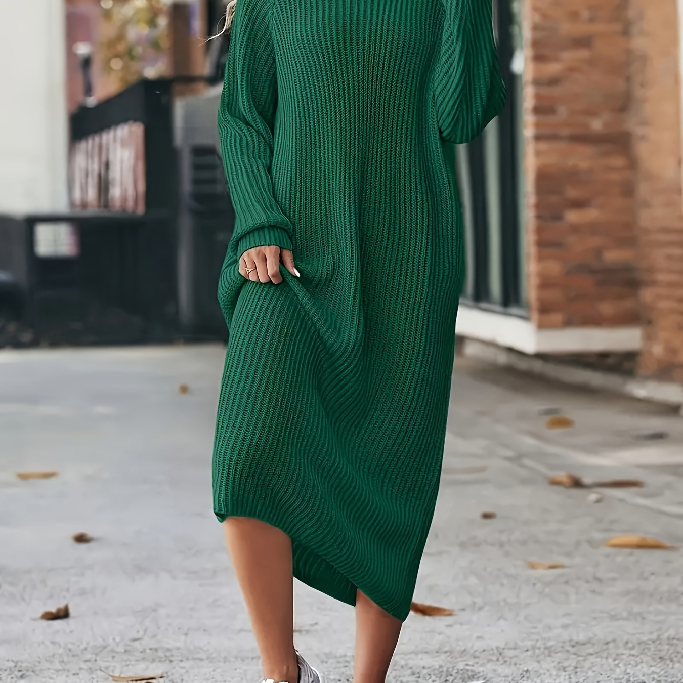 

Elegant And Fashionable Solid Color Loose-fitting High-neck Oversized Knitted Dress.