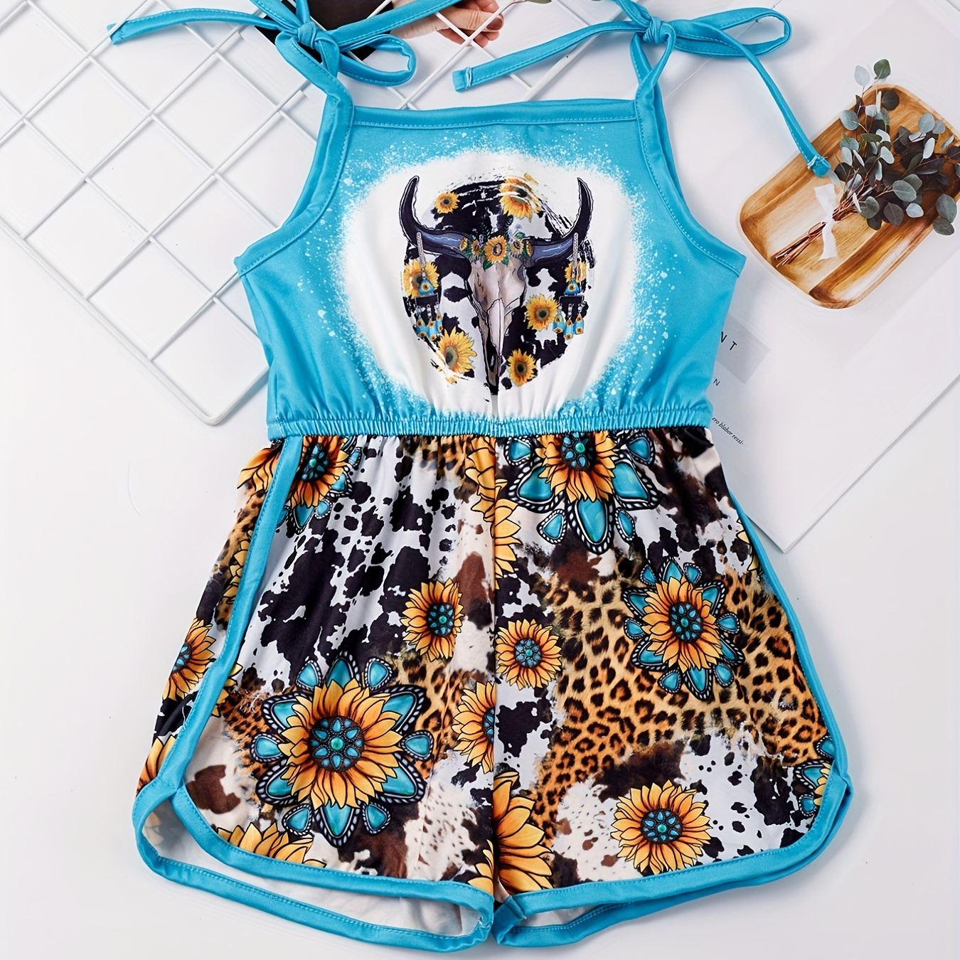 

Toddler Girls Sunflower Leopard And Bull Head Graphic Shoulder Bow Contrast Binding Cami Rompers Jumpsuits For Beach Vacation Kids Summer Clothes