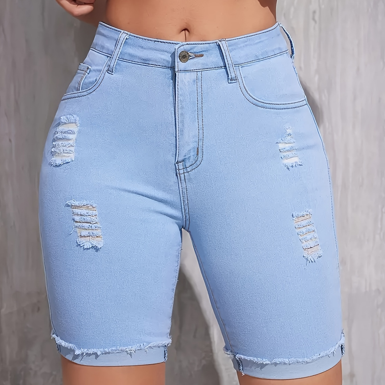 

Ripped Holes Slimming Denim Shorts, Rolled Hem Slash Pockets Short Denim Pants, Women's Denim Jeans & Clothing