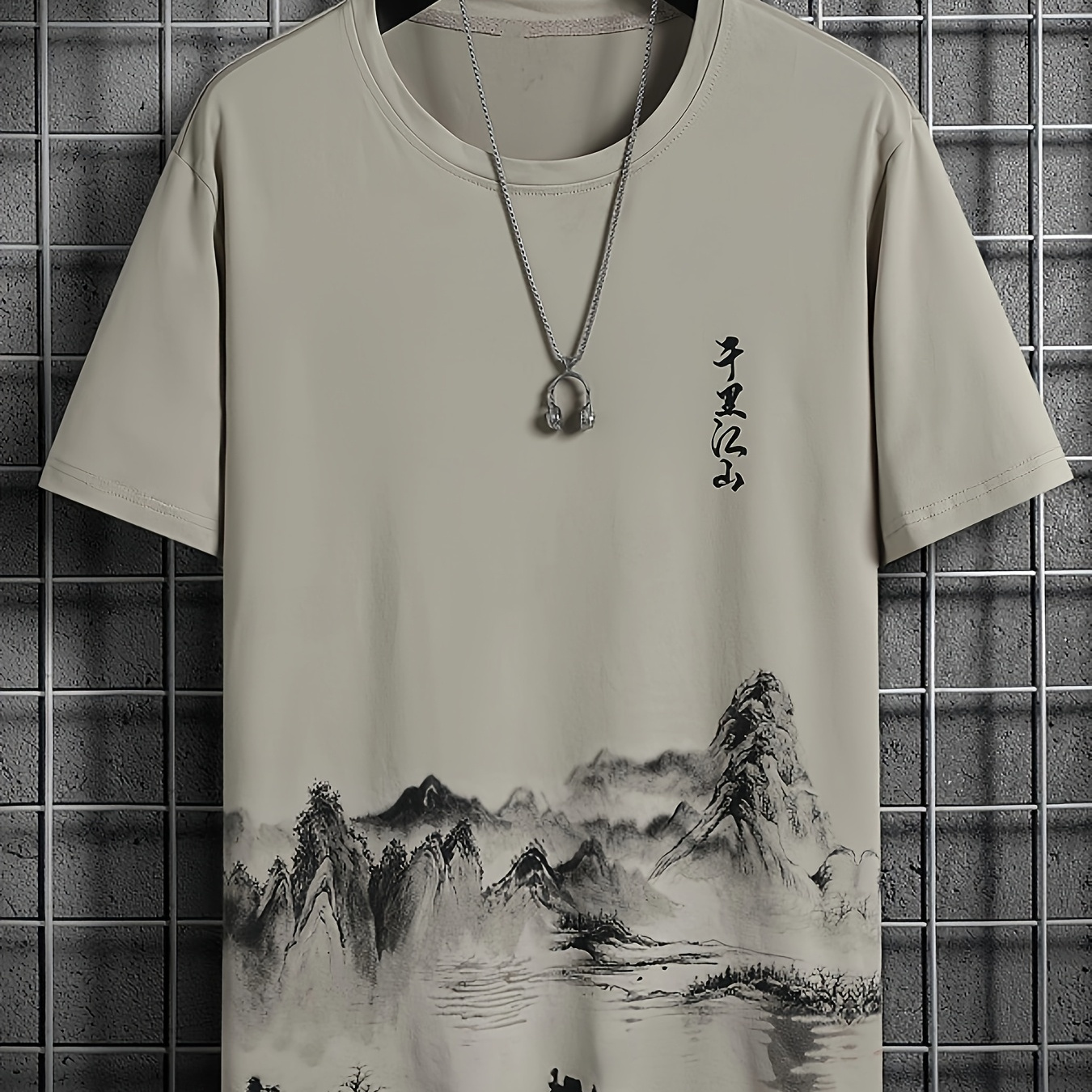 

Men's Casual Chinese Ink Landscape Print T-shirt - Polyester, Round Neck, Short Sleeve Pullover With Traditional Asian Scenery Design