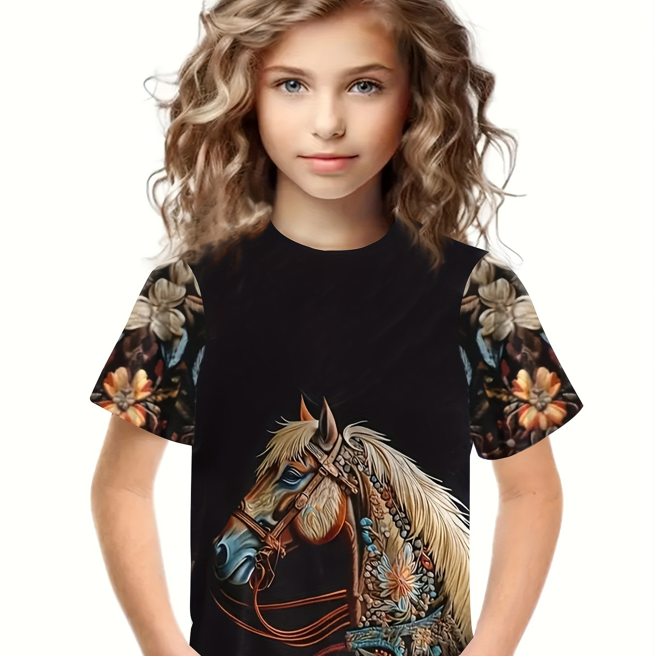 

3d Western Style Horse Print Short Sleeve T-shirt, Comfy Breathable Tees For Girls Summer