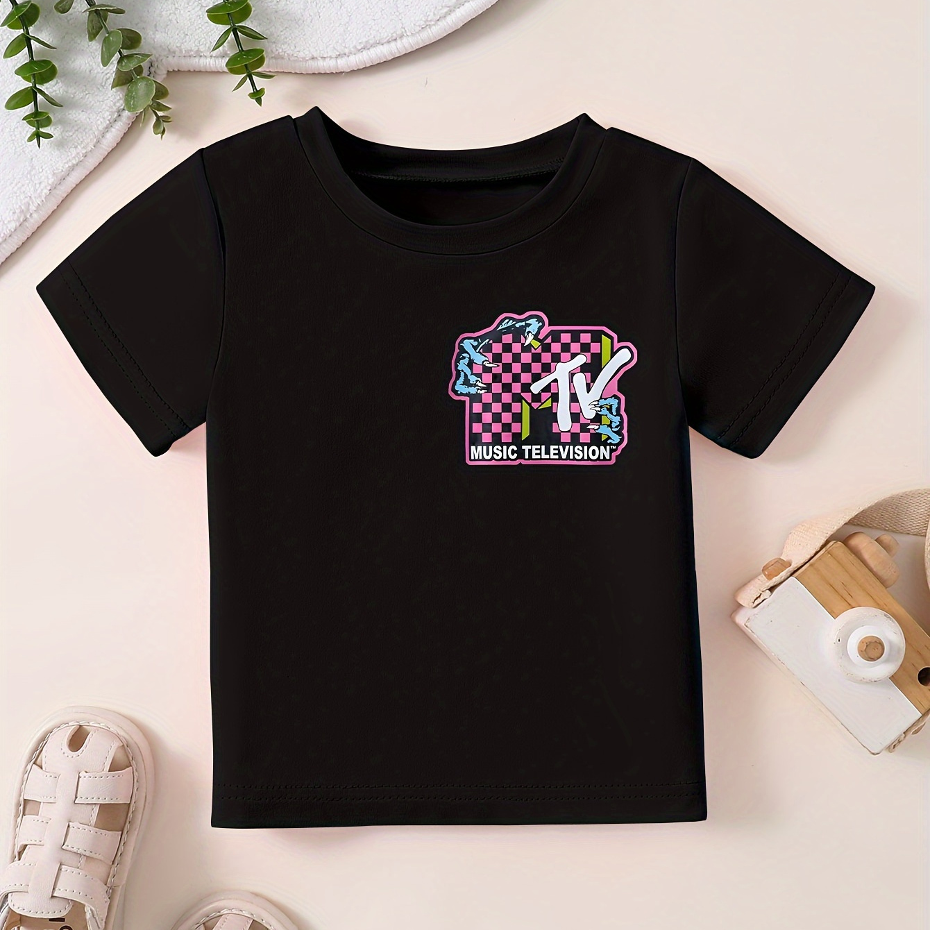 

Tv Print Baby Boy's T-shirt, Short Sleeve Casual Round Neck Comfortable Summer Tee Tops