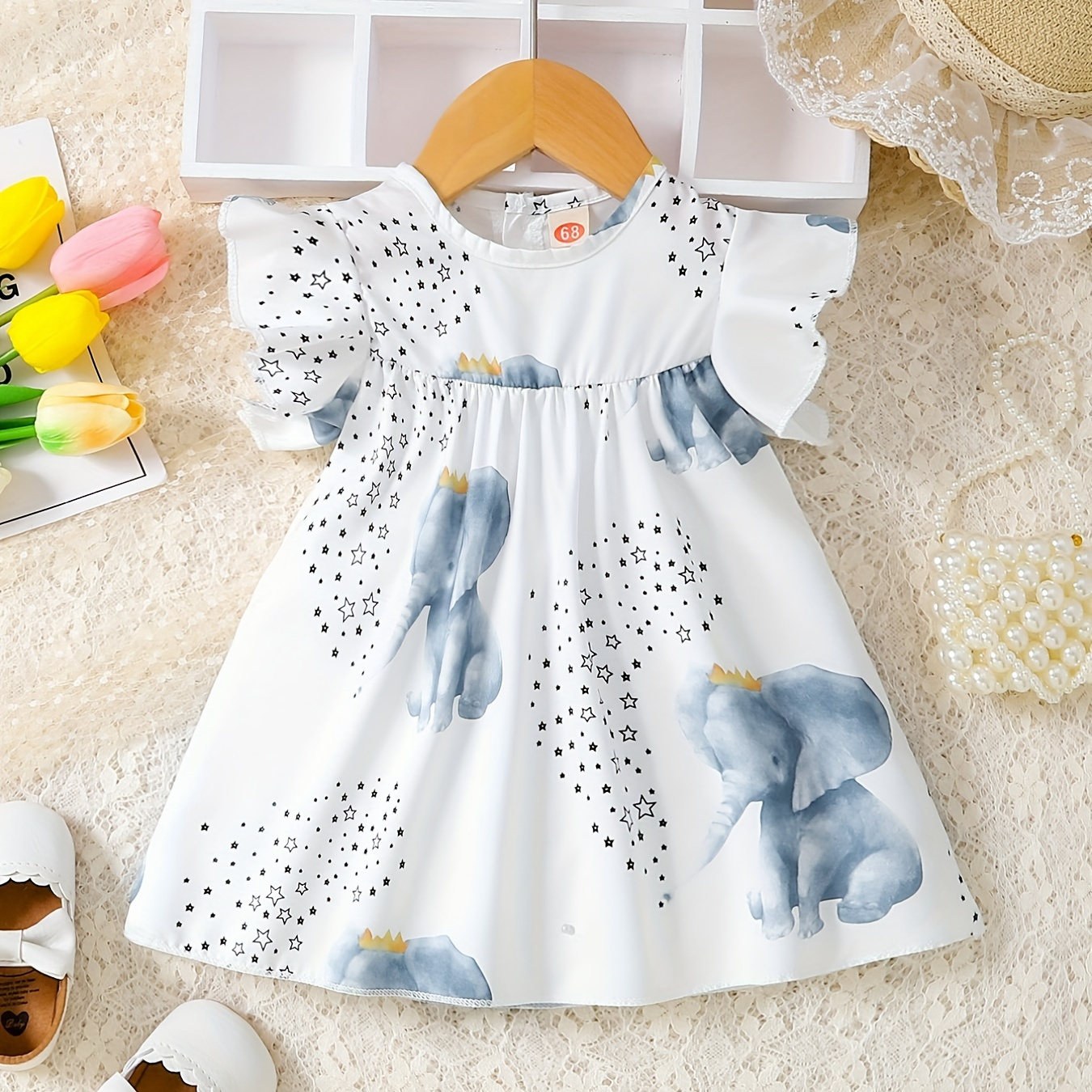 

Baby Cute Star Elephant Print Small Flutter Sleeve Dress Comfy Summer Crew Neck Clothes