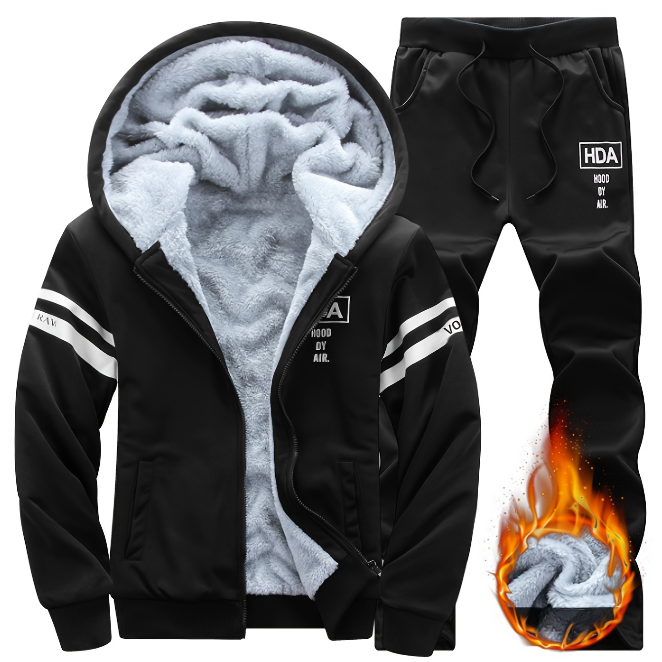 

Men's Autumn/winter Athletic Lounge Set - Fleece-lined Hooded Jacket With Striped Detail & "nah" Print Joggers, Warm Sportswear For Home & Casual